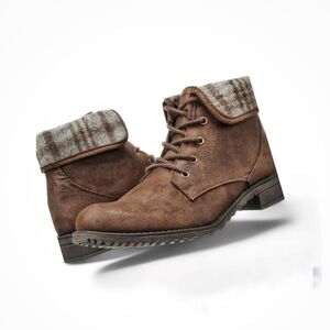 Cliffs NEPONSET Faux Suede Lace Up Boots w Plaid Cuff, Sz 8.5